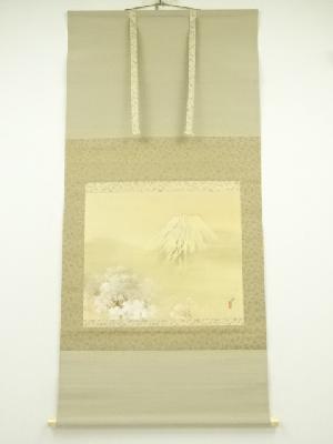 林文涛筆　晴黛　富士に桜図　肉筆絹本掛軸（共箱・二重箱）